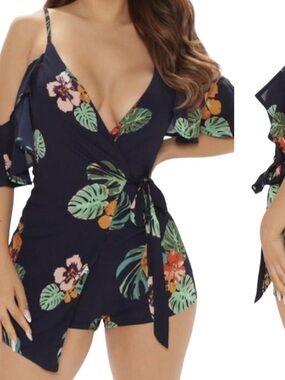 Navy Floral Cold-Shoulder Women’s One Piece Romper